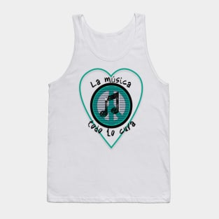 Music therapy. Phrase in Spanish: Music heals everything inside a blue heart with the symbol of peace. Tank Top